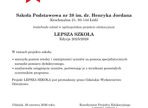 Certyfikat Ogólnopolskiego Projektu Lepsza Szkoła 2025-26